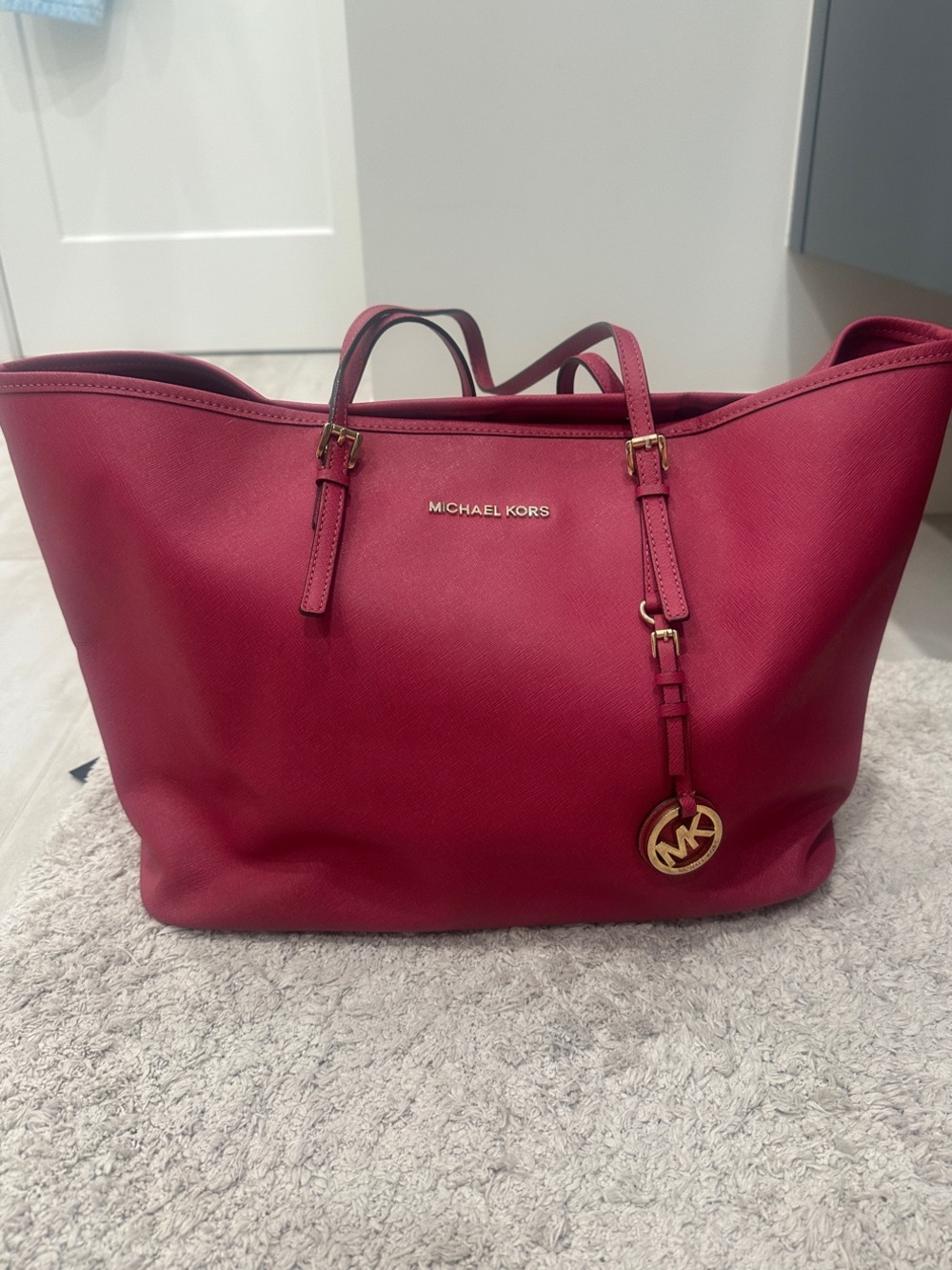 Michael Kors Dark Pink Leather Tote with Gold MK Charm